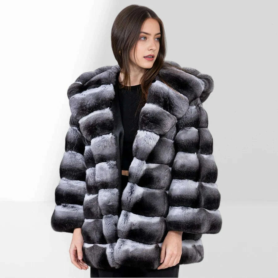KIMLUD, Women's Winter Jacket Real Rex Rabbit Fur Jacket With Hood Chinchilla Color Fur Coat High Quality Genuine Leather Jackets, KIMLUD Womens Clothes