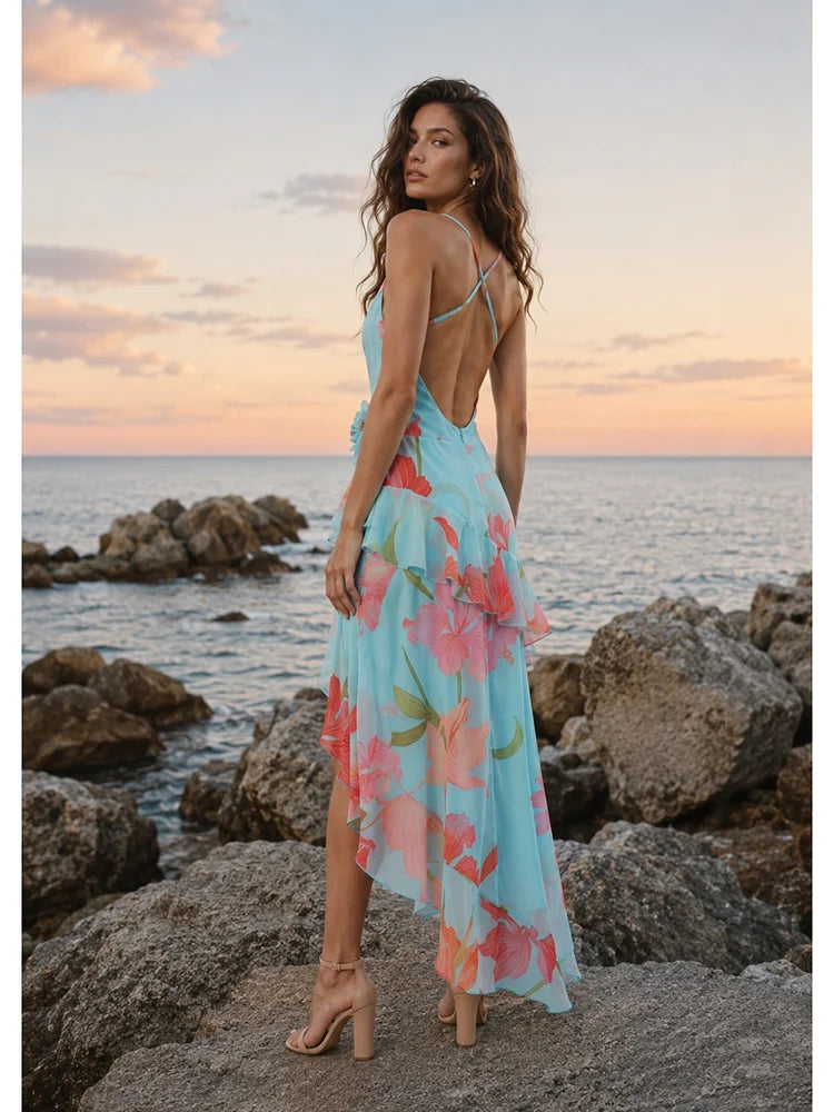 Sexy Spaghetti Strap Floral Printed Split Ruffles Long Dress Women Sleeveless Backless 3D Flower Dresses Summer Holiday Party