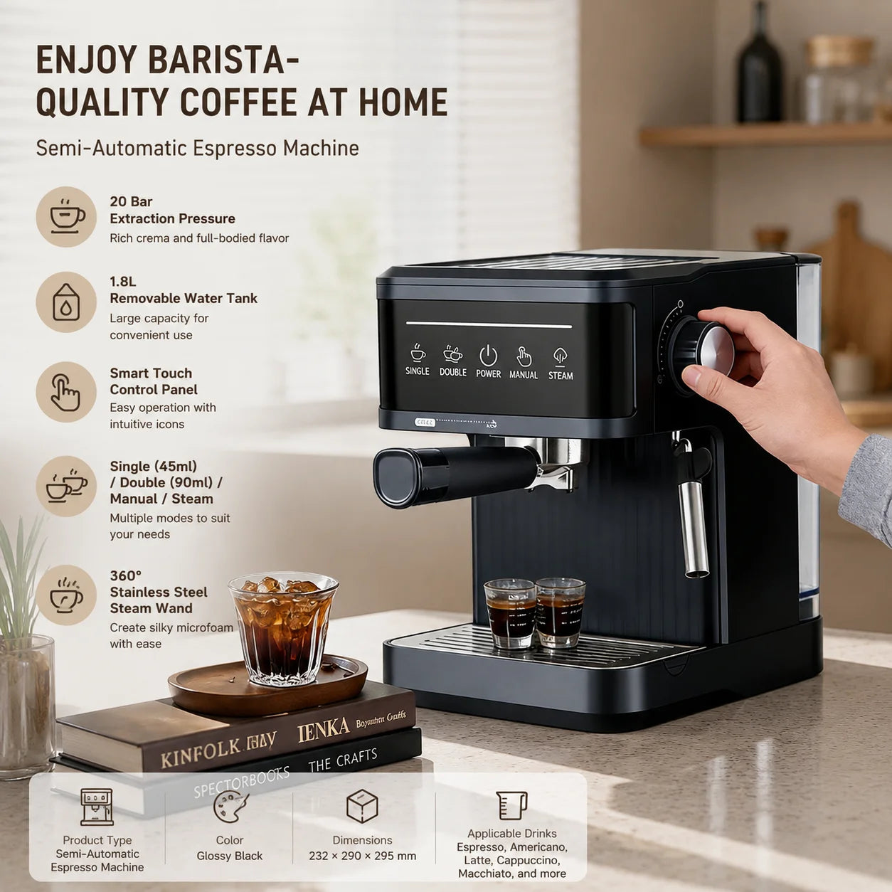 Espresso Machine – 20 Bar Pressure – Black | KIMLUD