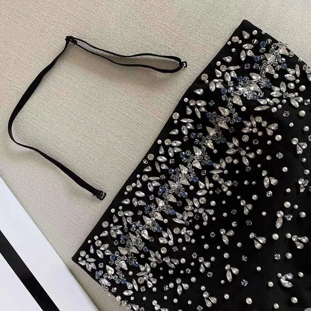 KIMLUD, Spring Women Sleeveless Slash Neck Mini Dress New Luxury Diamonds Chest Wrapping Dresses Summer High Waist Backless A-line Dress, KIMLUD Womens Clothes