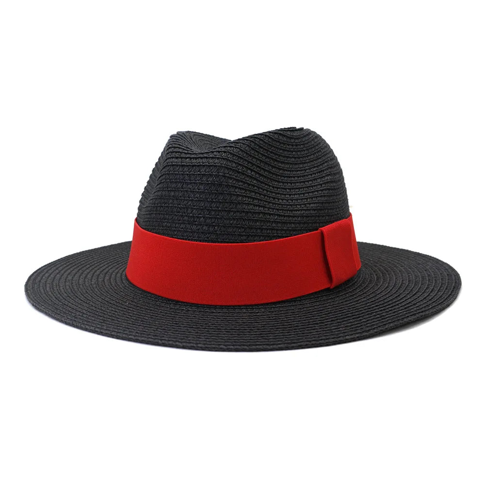 Fashion Summer Casual Unisex Beach Wide Brim Jazz Sun Hat Panama Hat Paper Straw Women Men Cap with Red Ribbon