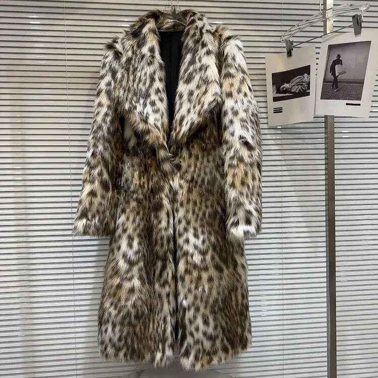 KIMLUD, Women Faux Fur Long Coats Jackets Turn Down Collar Leopard Print Coat Thick Warm Y2k Streetwear Jacket Outerwear Autumn Winter, KIMLUD Womens Clothes