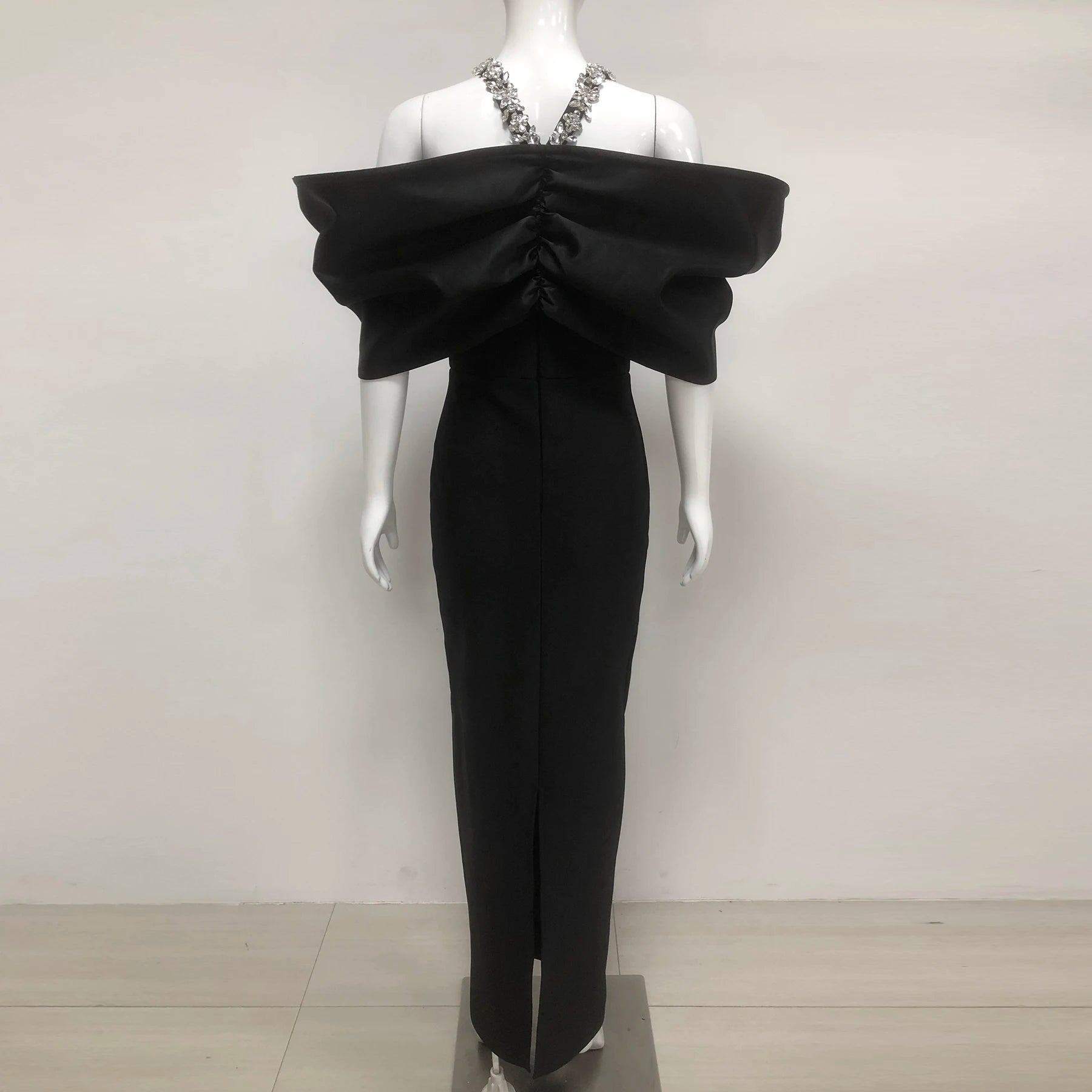 Women Sexy Off Shoulder Ruched Black Maxi Long Diamonds Celebrity Bodycon Bandage Dress 2025 Elegant Evening Club Party Dress