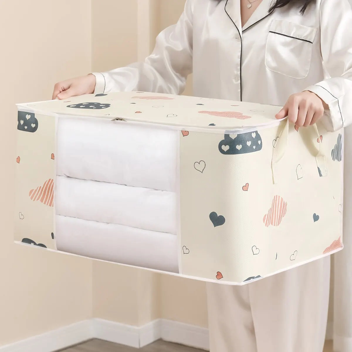 Non-Woven Floral Storage Bag Organizer — Beige | KIMLUD