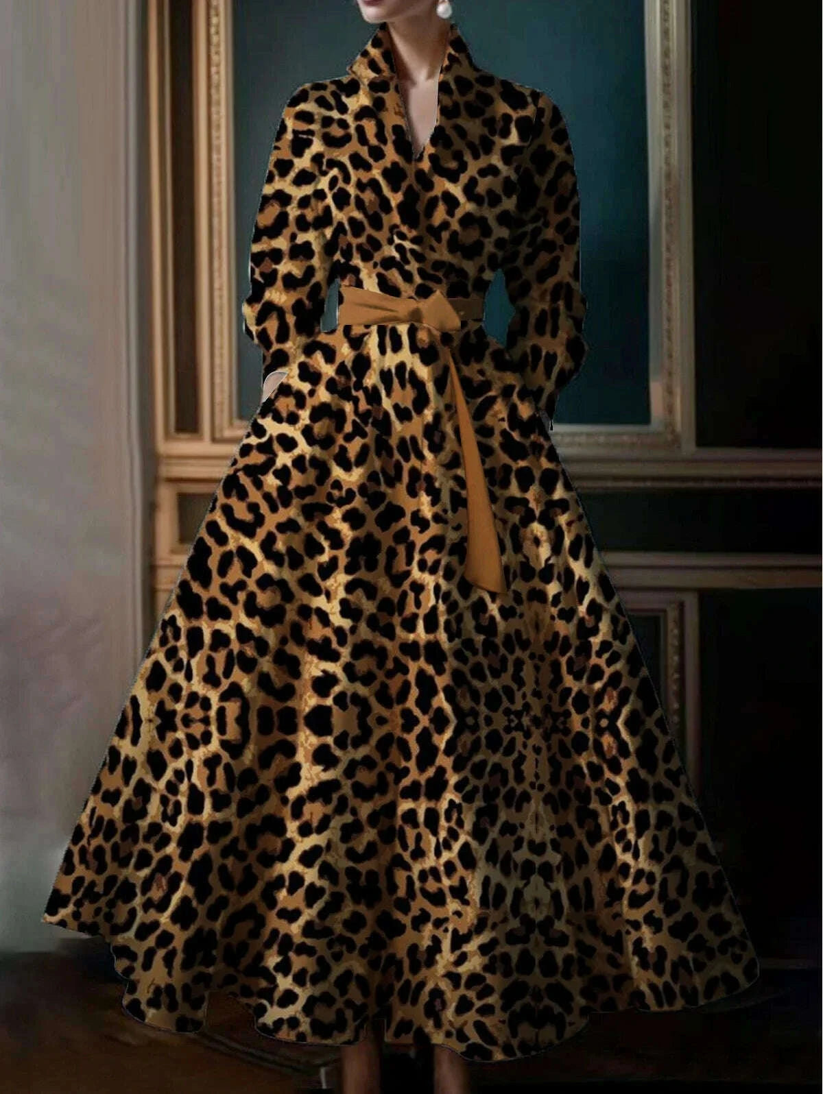 knee length dresses for ladies SheIn |Casual Khaki Leopard Print Long Sleeve T-SHIRT Dress with Pockets, Suitable for Spring and Autumn main image 1