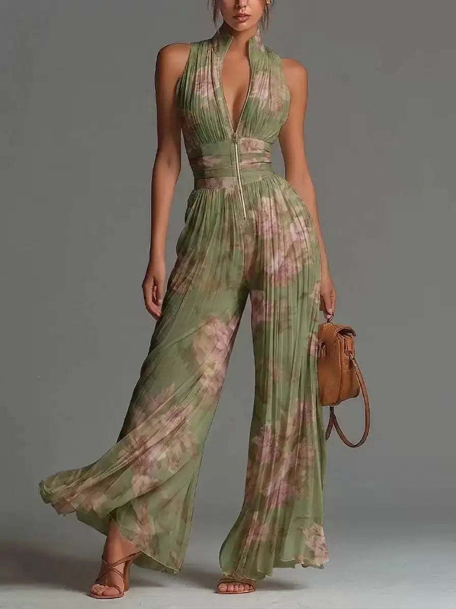 Spring Summer Women White Ruched Halter Jumpsuit Playsuit Wide Leg Romper
