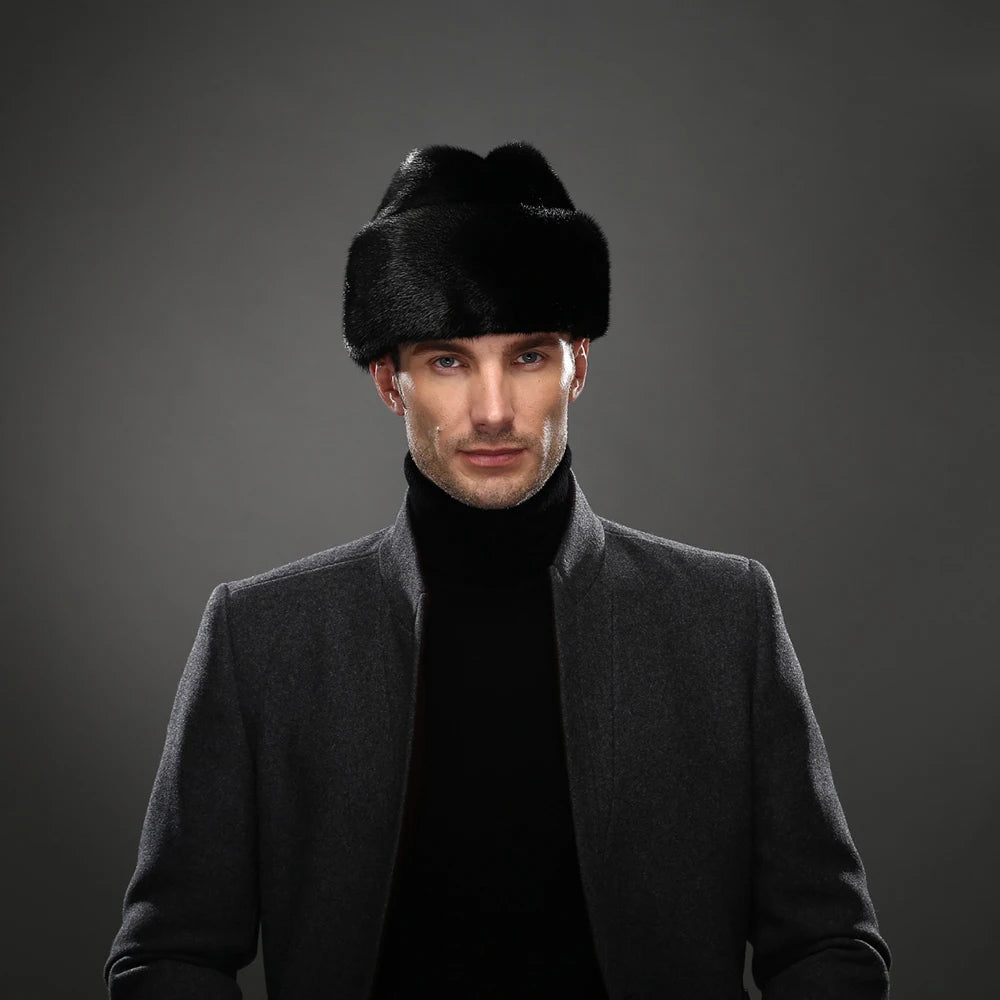 Mink Fur Winter Hat — Top-Hat Crown Silhouette — Deep Black | KIMLUD