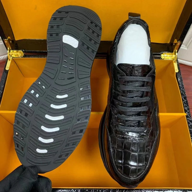 Authentic Real Crocodile Skin Men's Casual Black Sneakers Genuine Exotic Alligator Leather Male Lace-up Cushioned Walking Shoes