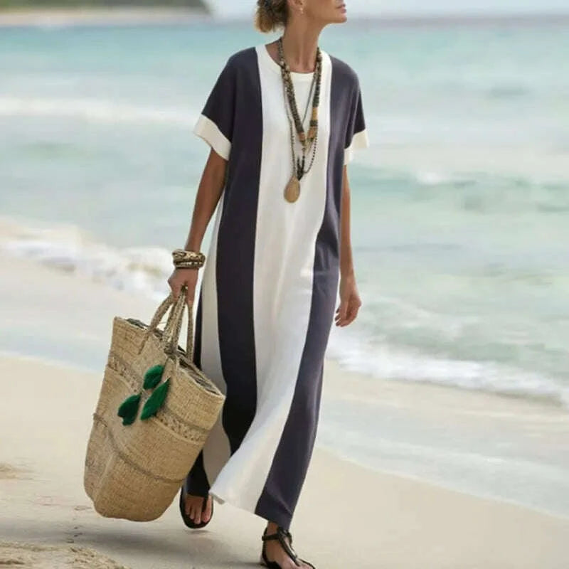 spring-elegant-crew-neck-holiday-beach-dress-woman-chic-contrast-color-patchwork-long-dress-summer-short-sleeve-split-boho-dresskimlud-womens-fashion-34615430