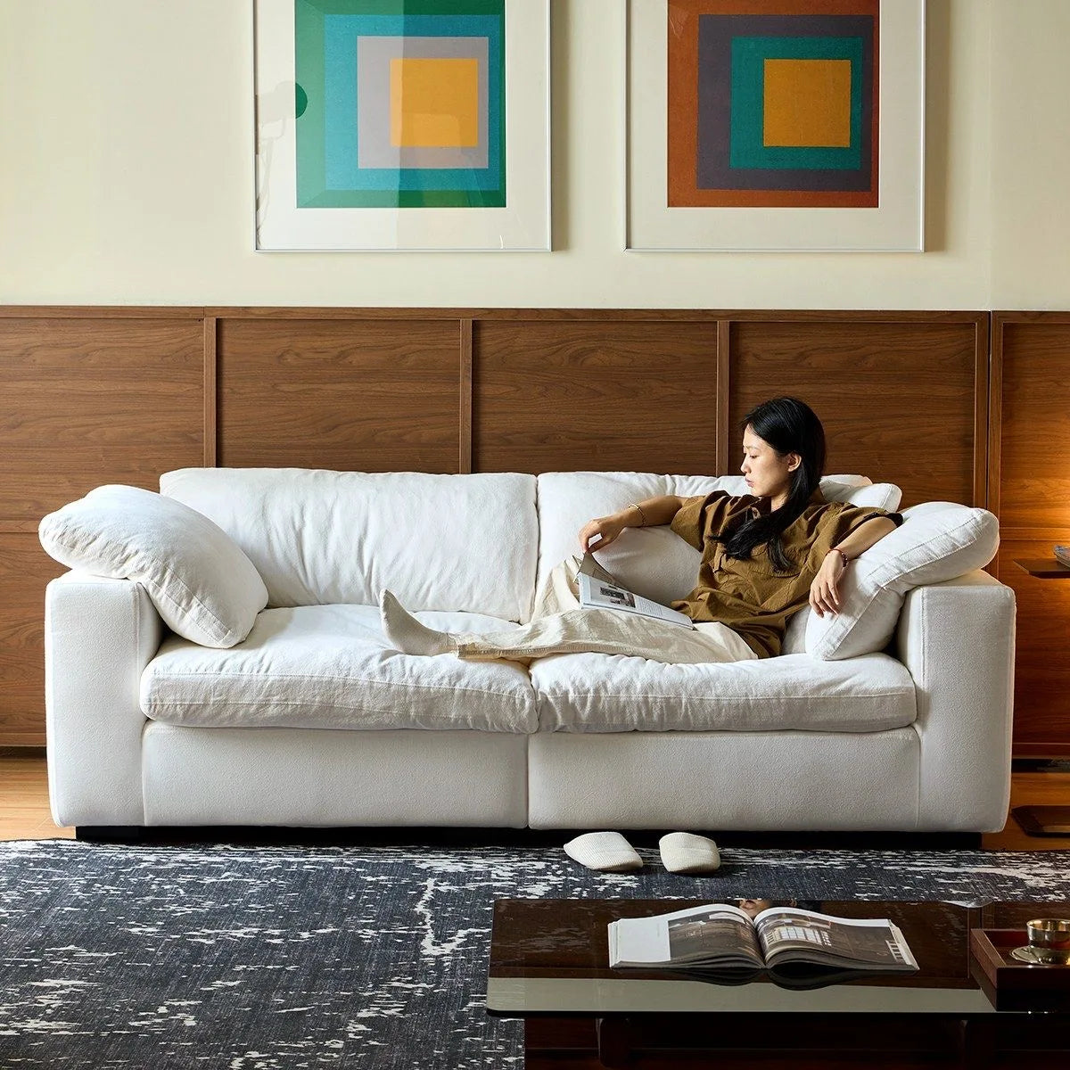 Velvet L-Shaped Sofa With Two-Three Seater Config — Ivory | KIMLUD