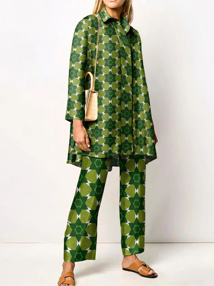 Two Piece Set – Loose Vintage Printed – Synthetic Fiber – Wide Leg | KIMLUD