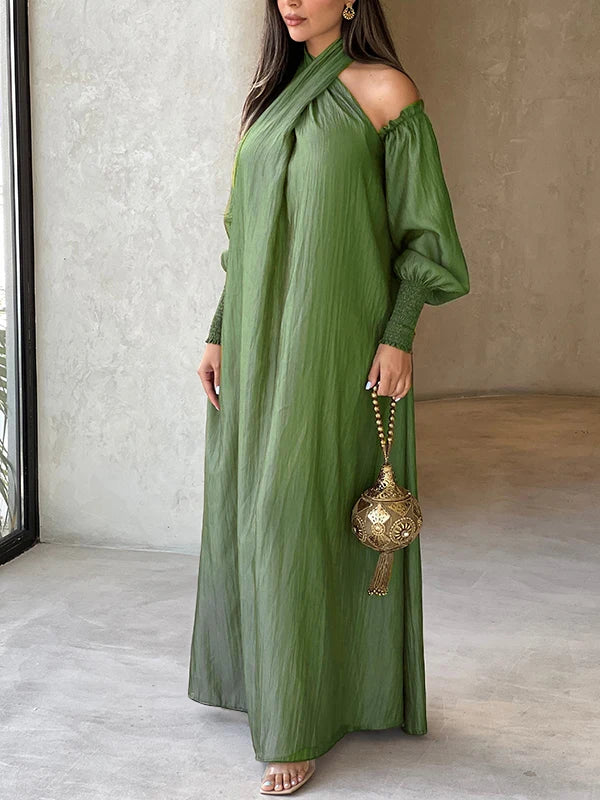 Modigirl American Retro Halter-neck Loose Dress Cold Shoulder Puff Sleeves H-line Maxi Dress 2025 New Elegant Evening Dresses
