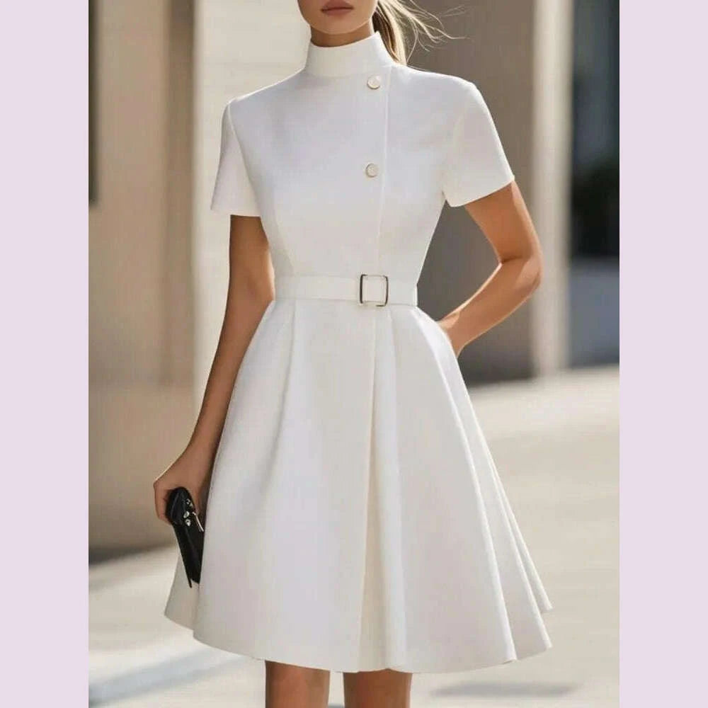 Yeezzi 2025 New Women's White High-Neck Belted Pleated A-Line Dress Short Sleeves Buttoned Pockets Elegant Party Mini Dresses Yeezzi 2025 New Women's White High-Neck Belted Pleated A-Line Dress Short Sleeves Buttoned Pockets Elegant Party Mini Dresses