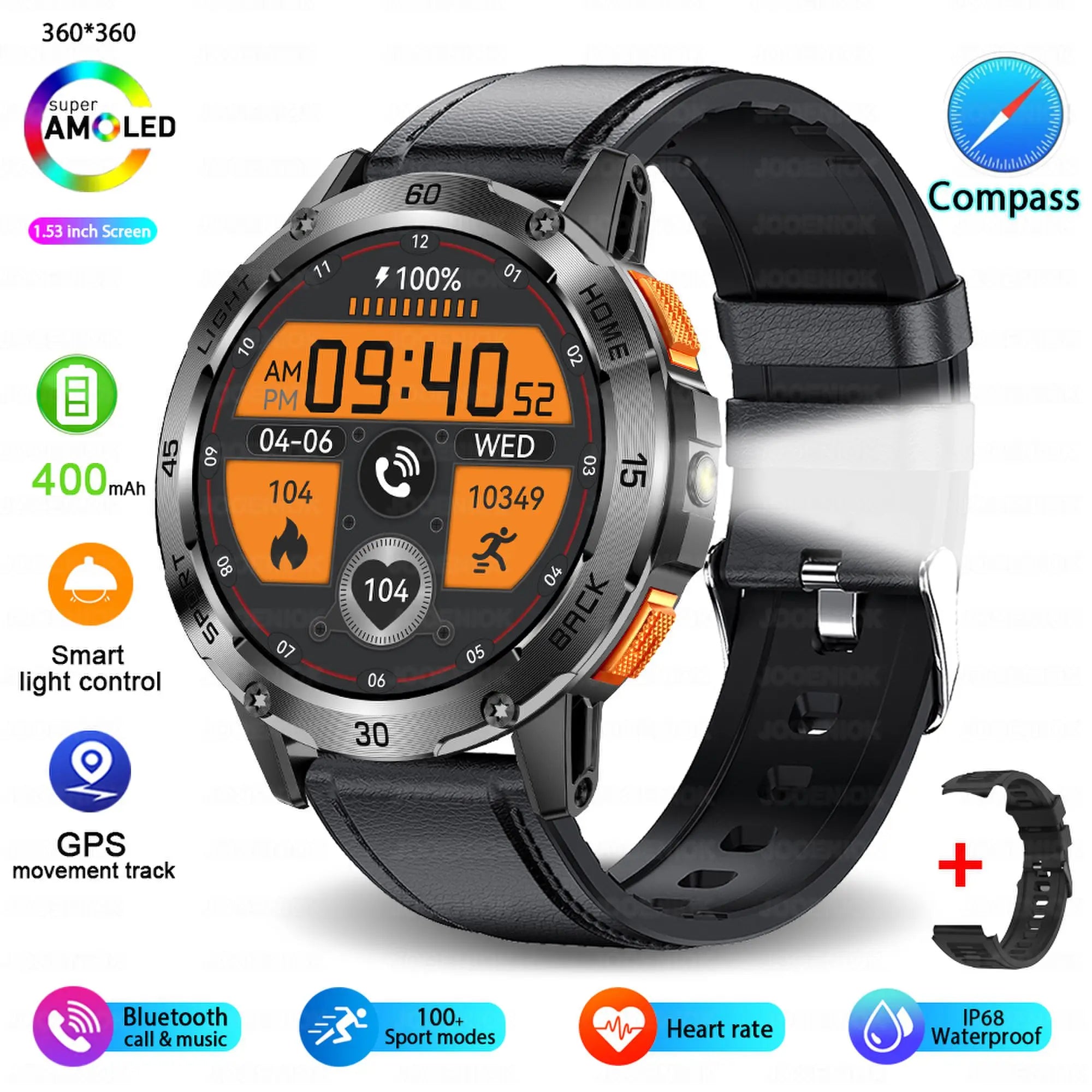Outdoor Sport Smart Watch Men Compass 400mAh Battery Flashlight Health Monitoring Waterproof Bluetooth Call Smartwatch 2025 New
