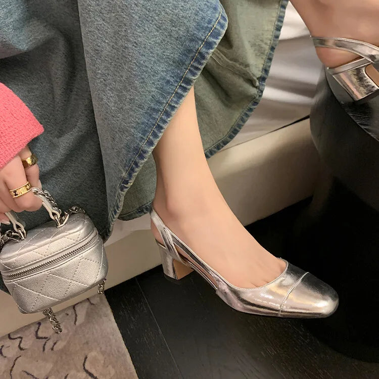 2025 Summer Genuine Leather Sandals for Women Silver Nude Medium Heels Summer Shoe Two-Tone Block Heeled Pumps Lady Office Party