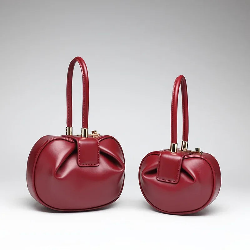 Genuine Cow Leather Round Dumpling Bag — Black | KIMLUD