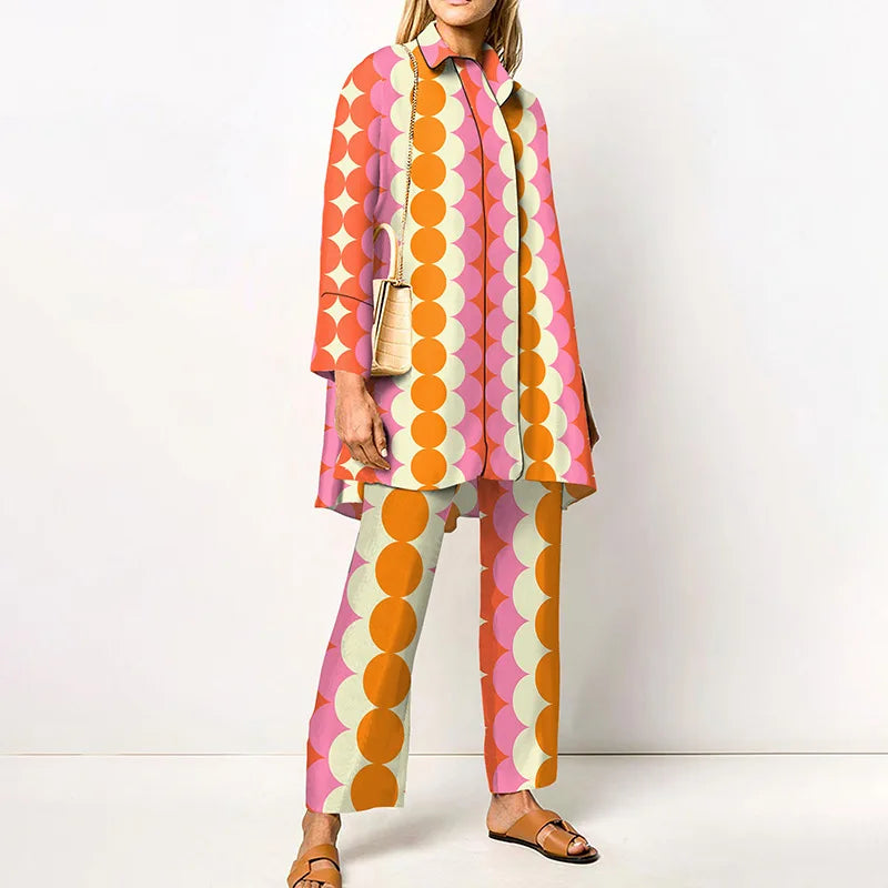 Two-Piece Set – Printed Autumn Vintage – Broadcloth – Wide-Leg Pants | KIMLUD
