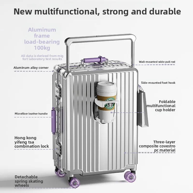 Wide-Handle Travel Suitcase With Cup Holder — Black | KIMLUD