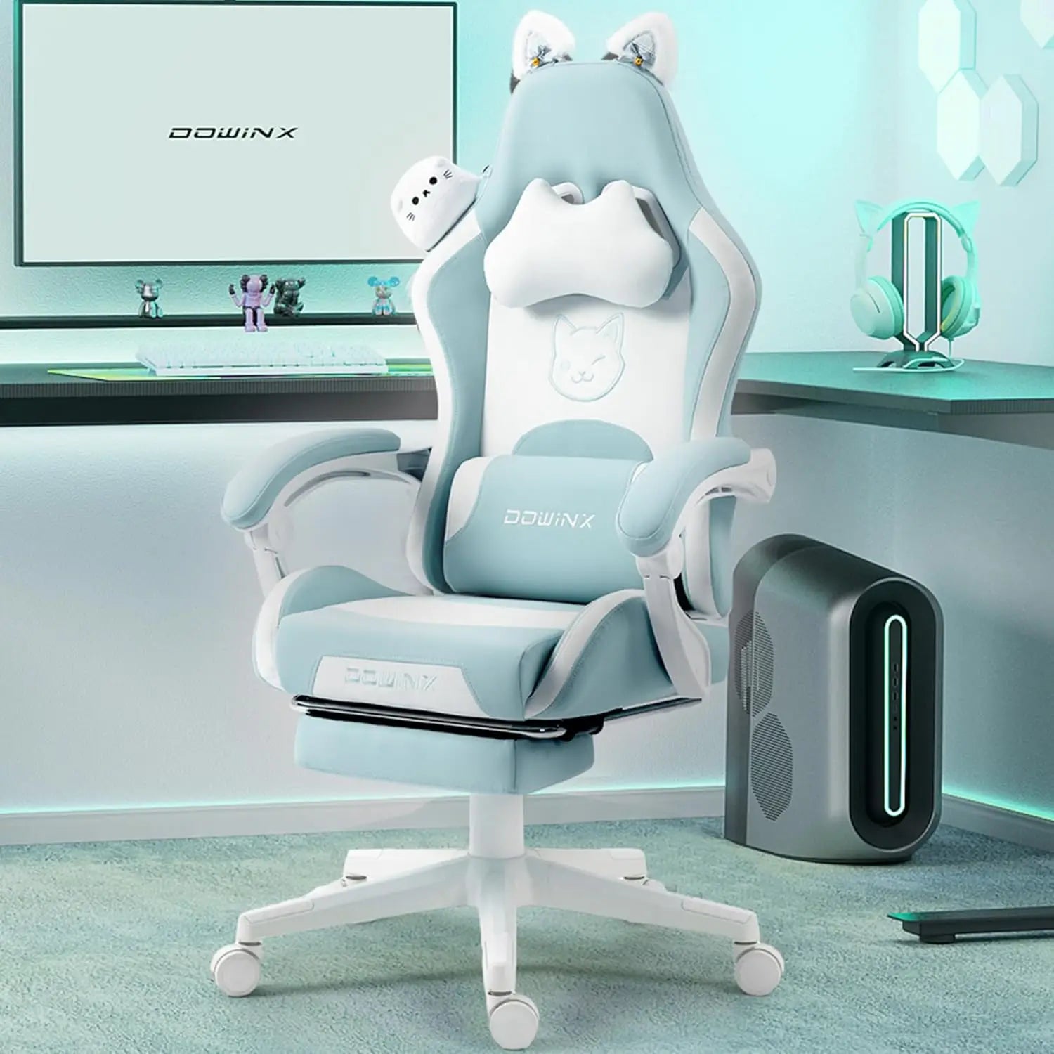 Cute Cat Ear Gaming Chair with Massage Lumbar Support, Ergonomic Reclining Computer Chair for Girls and Adults, Blue Green