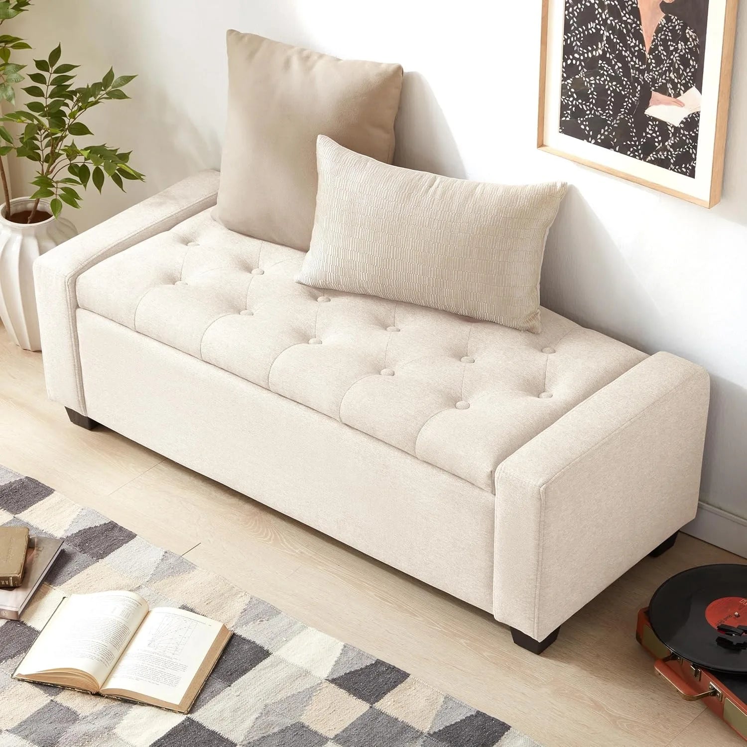 Storage Ottoman Bench with Safety Hinge & Storage, Upholstered Storage Bench with Seating for Bedroom, Living Room, Beige