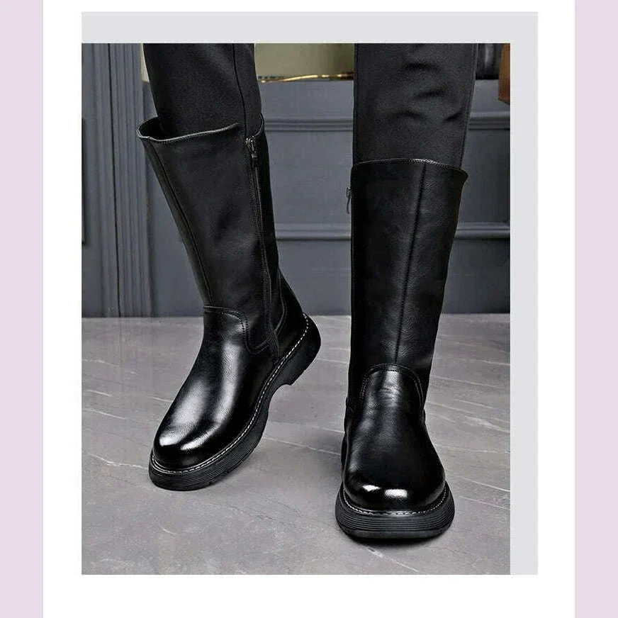 KIMLUD, Long Boots Men's High Barrel Genuine Leather Knight Thick Sole Vintage High Top Denim Martin Soft Leather Plush Elevated Horse, KIMLUD Womens Clothes