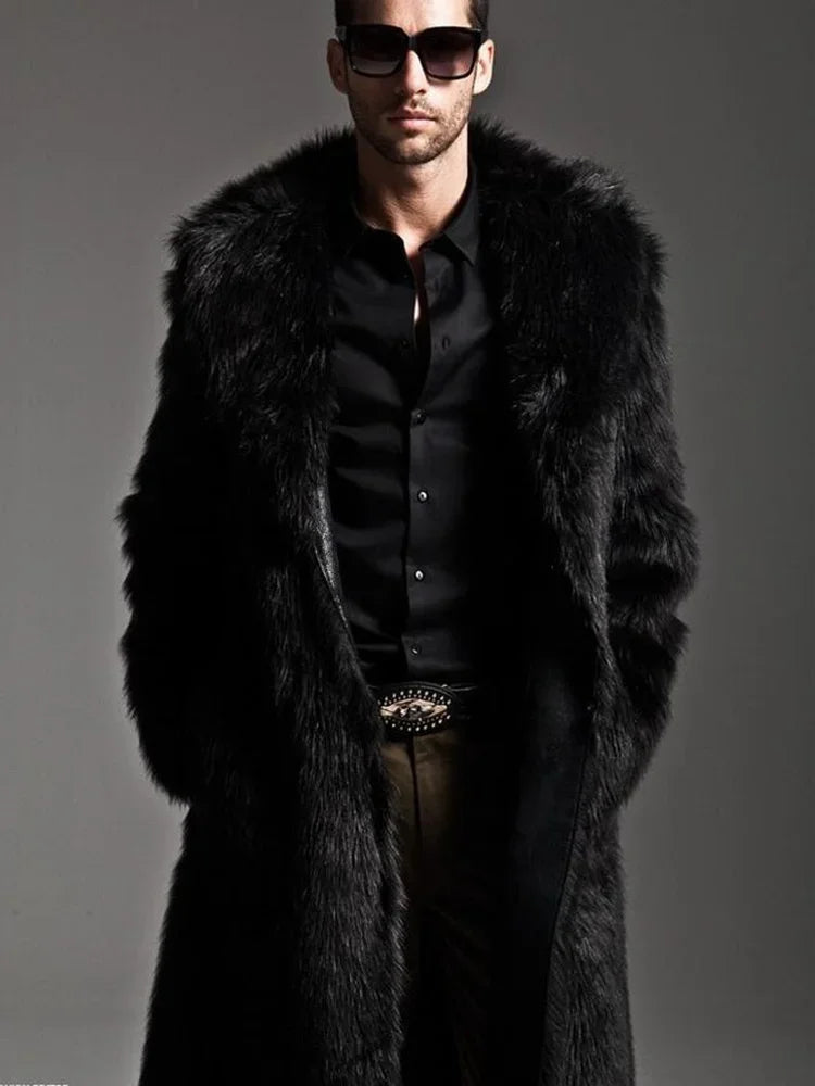 Men's Faux Fur Long Overcoat – Large Lapel Fur – Worsted | KIMLUD