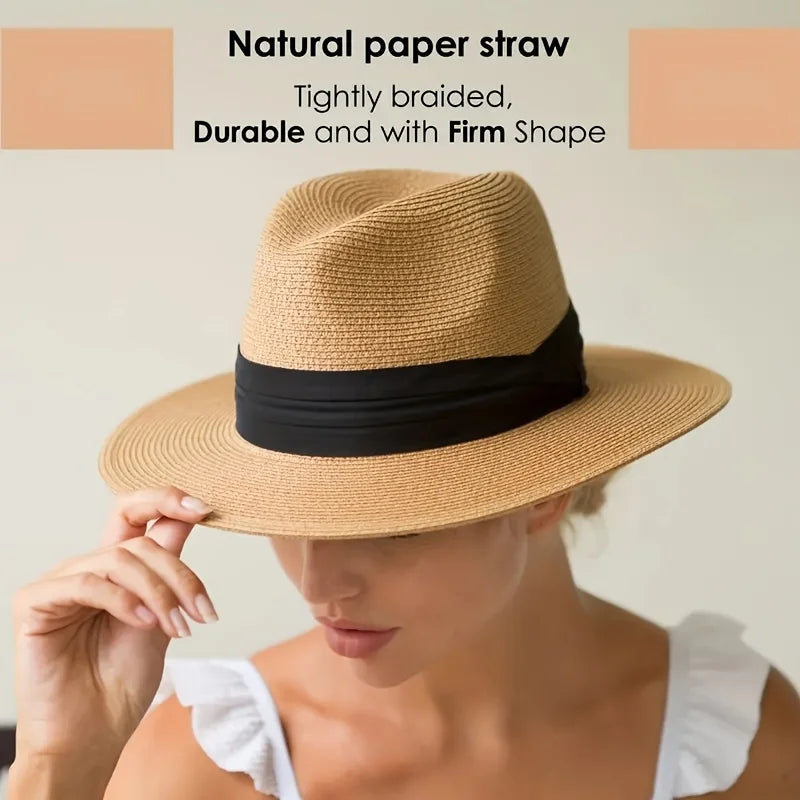 Fashion Men Straw Hat For Women Summer Trendy Beach Sun Hats Solid Color Fedoras Ribbon Casual Cowboy Jazz Cap Gangster Cap Male