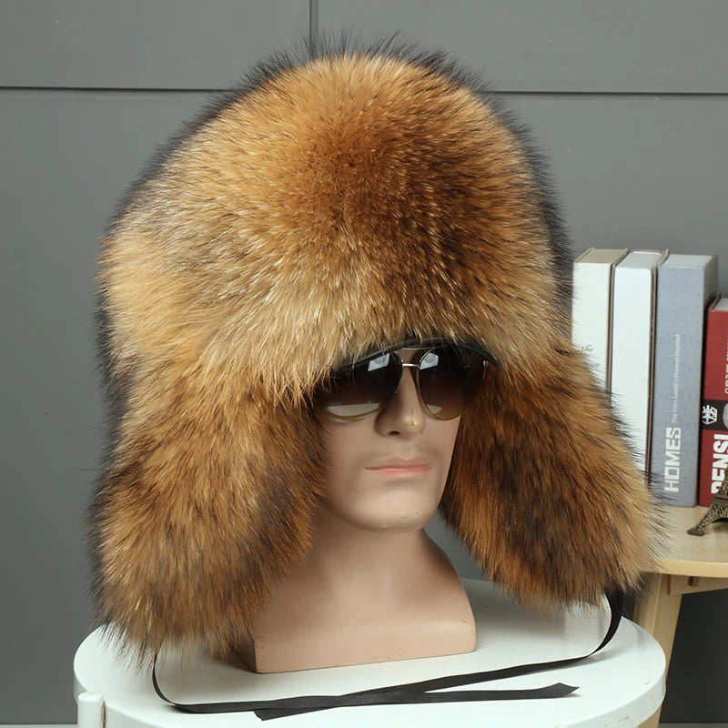 2025 Winter 100% Real Silver Fox Fur Bomber Hat Raccoon Fur Ushanka Cap Trapper Russian Men's Ski Hats Caps