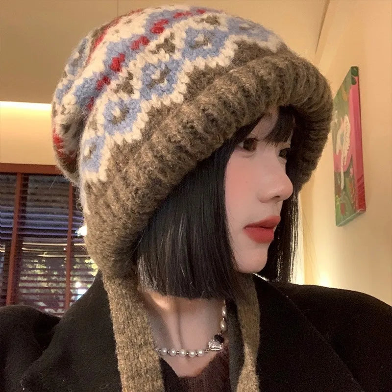 Ethnic Style Striped Spliced Knitted Hat Women Autumn Winter Caps Multifunctional Crossbody Bag Ear Protection Drawstring Hats