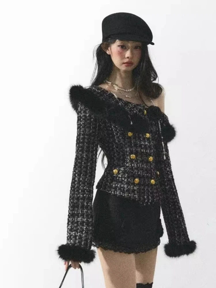 KIMLUD, New Winter Elegant Fashion 2 Piece Set Women Off Shoulder Long Sleeve Cardigan Coat +Mini Skirt French Casual Chic Retro Outfits, KIMLUD Womens Clothes