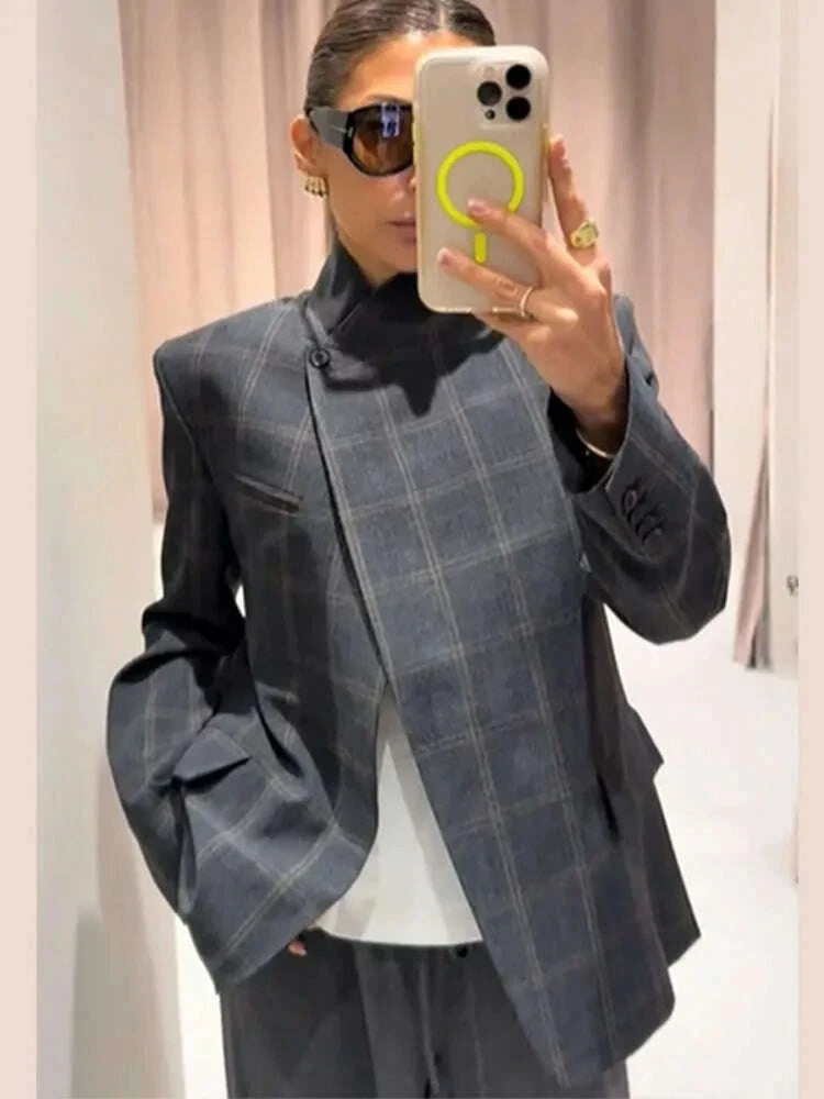 KIMLUD, Women Irregular Plaid Blazer Jacket Fashion Stand Collar Full Sleeve Split Loose Short Coat 2025 Female Daily Commute Outerwear, KIMLUD Womens Clothes