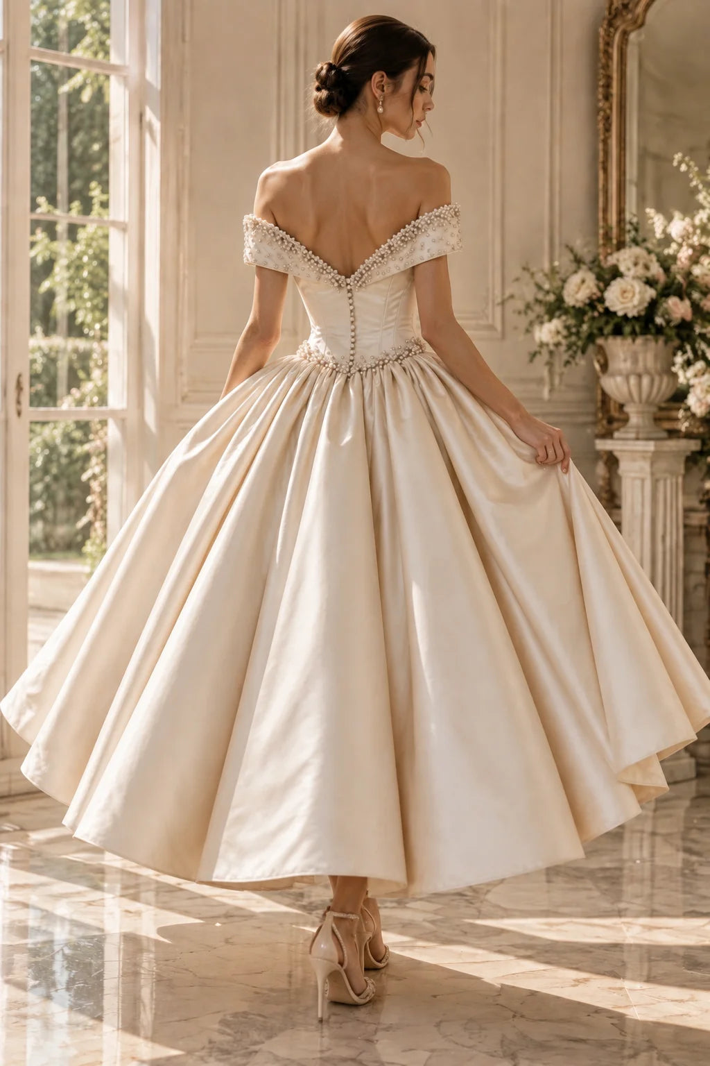 Wedding Dress – Pearl Beaded Off Shoulder Satin A-Line – Bridal | KIMLUD