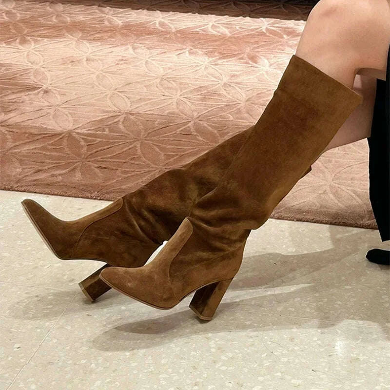 KIMLUD, High Heels Knee High Women's Boots Snow Warm Long Boots Woman Shoes Winter 2025 Sexy Suede Shoes Dress Pumps Mujer Chelsea Botas, KIMLUD Womens Clothes