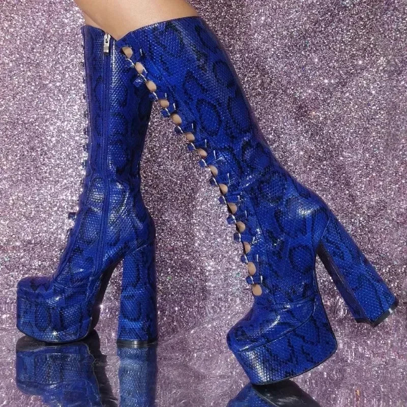PU Knee-High Mary Jane Boots Belt Buckle Patchwork — Warm Tan | KIMLUD