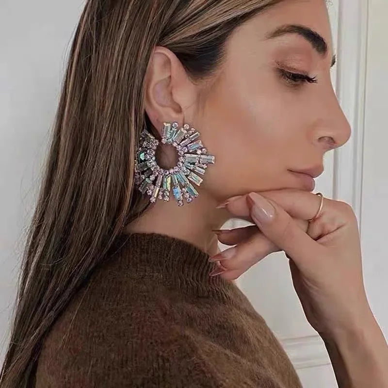 Crystal Statement Earrings Large Circle Flower Rhinestone — Crystal | KIMLUD