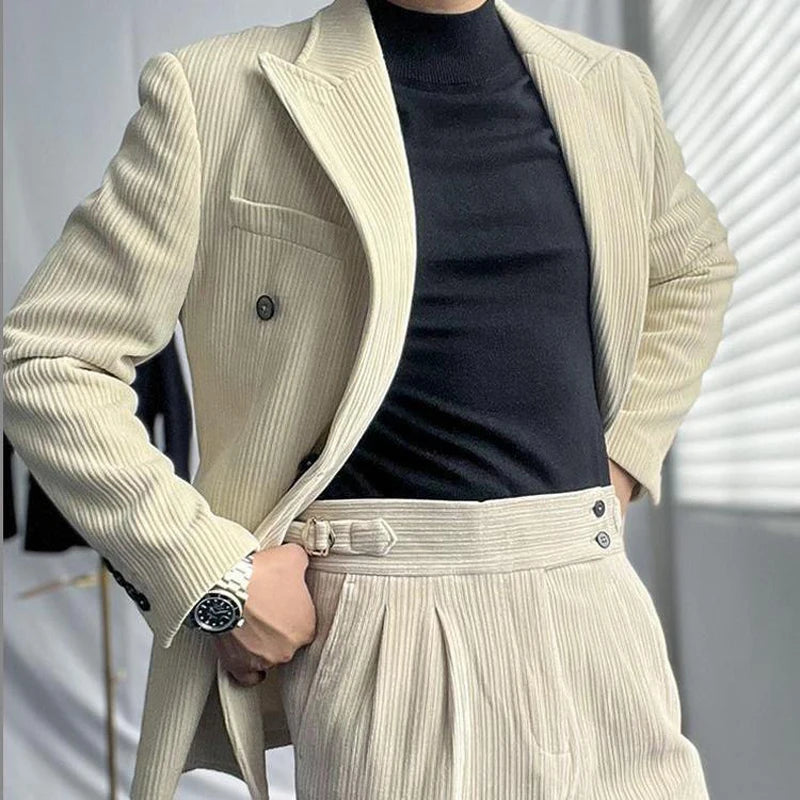 KIMLUD, British Style Men's Corduroy Casual Double Breasted Suit And Naples Pant Two-piece Set Fashion Vintage Business Suits Outfits, KIMLUD Womens Clothes
