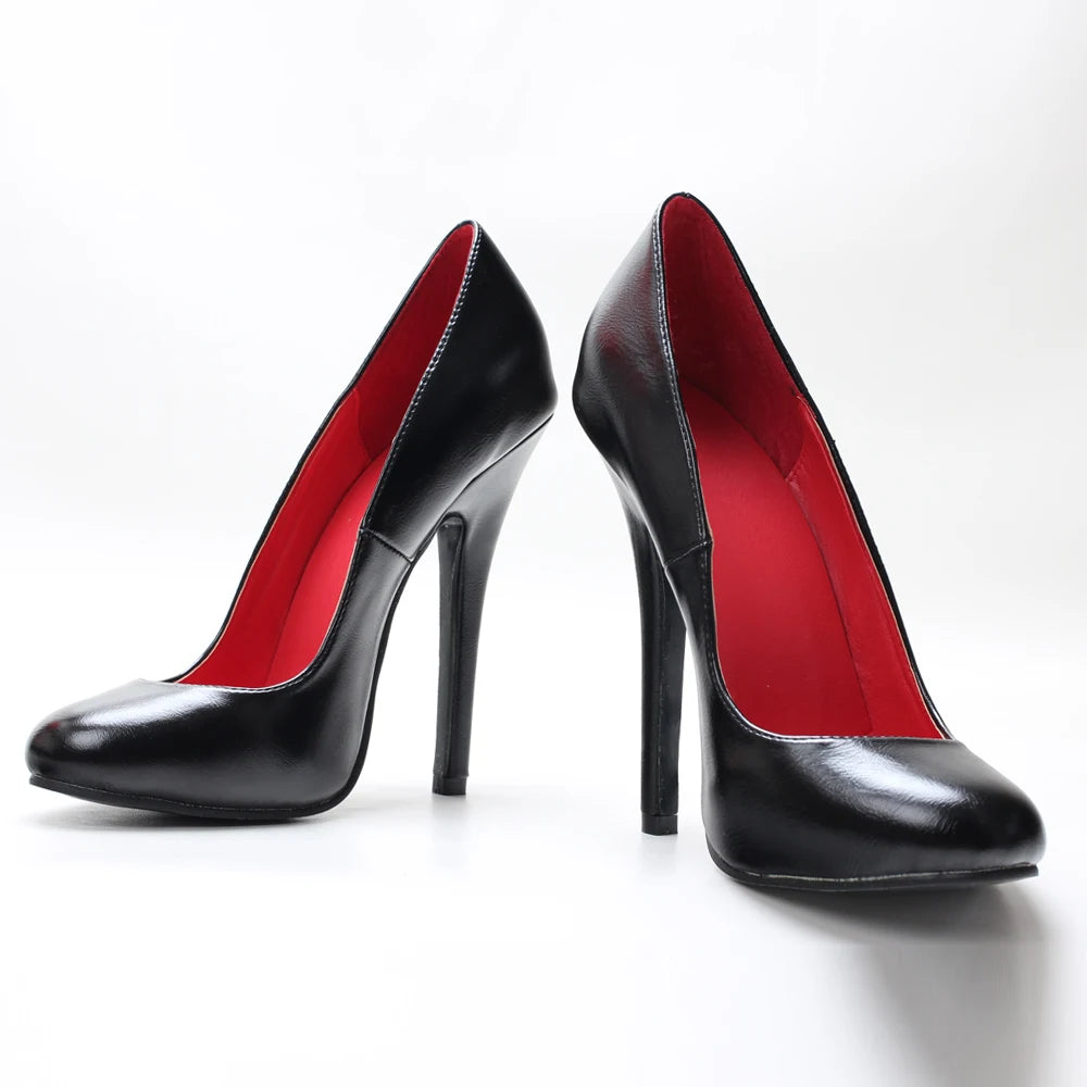PU Patent Round Toe Stiletto Pumps — Black | KIMLUD