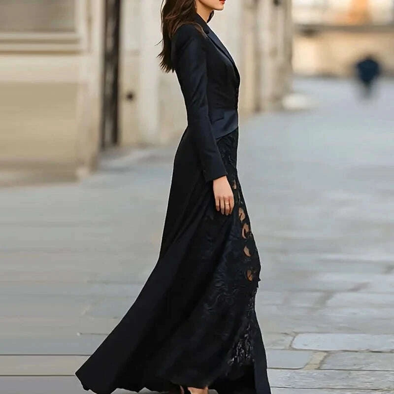 KIMLUD, Autumn Women's Lapel Button Top and Skirt Two Piece Set Lace Patchwork Slim Fit Party Suit Elegant Solid Formal Occasion Outfit, KIMLUD Womens Clothes