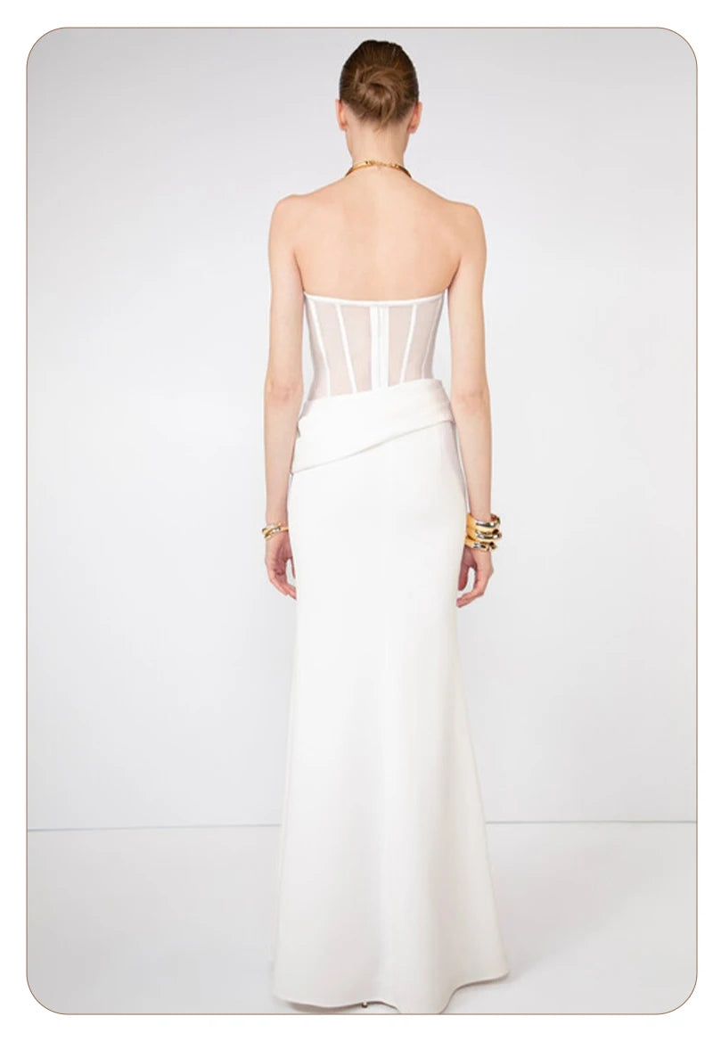 VC Elegant White Corset Simple Wedding Dress – Strapless Sheer Bodice Maxi Dress for Women Modern Minimalist Engagement Dress
