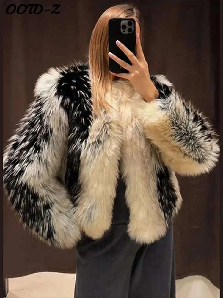 KIMLUD, Stylish Contrast Faux Fur Women Coat Elegant O-neck Single Breasted Full Sleeve Female Coats 2025 Winter Chic Lady Jacket, KIMLUD Womens Clothes
