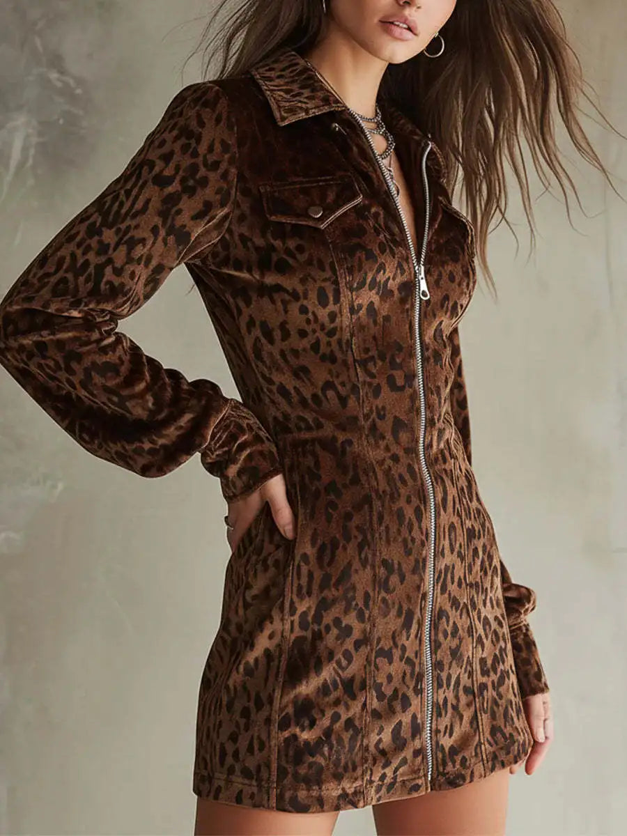 Fashion Retro Suede Mini Dress Leopard Print Lapel Long Sleeve Zipper Dress Spring Autumn Party Bodycon Dresses with Pocket
