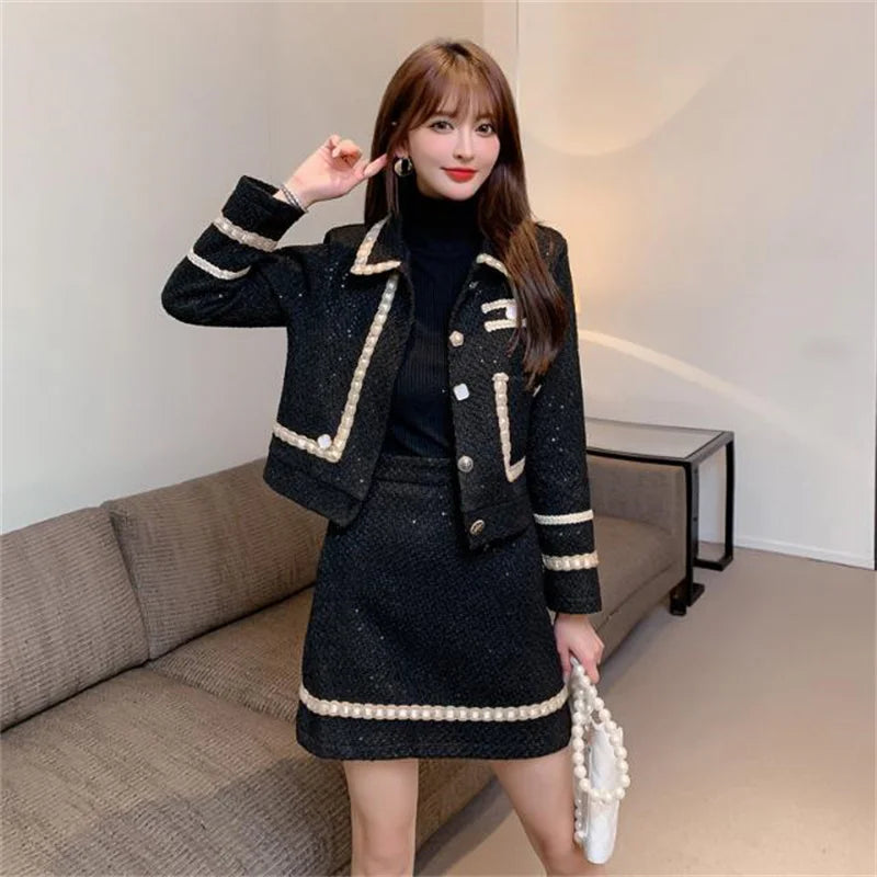 Two Piece Wool Jacket and Mini Skirt Set – Xiaoxiang Style – Wool | KIMLUD