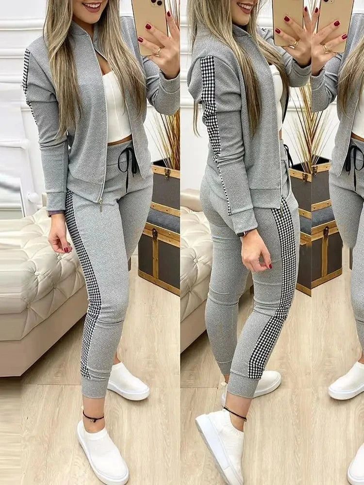 Sport Plaid Patchwork Long Sve Set Women's Casual Sportswear Polyester Fabric Zipper Closure Long Pants Two-Piece Set