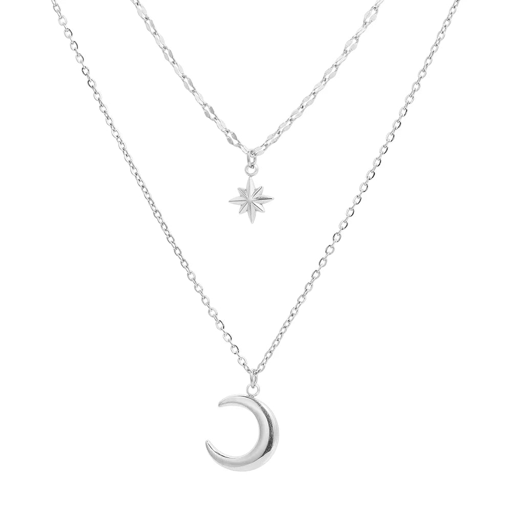 Stainless Steel Necklace Eight-Pointed Star Moon Pendant — Silver | KIMLUD