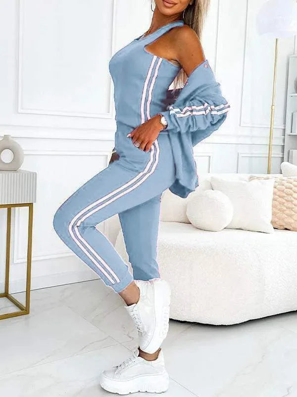 Autumn Three-Piece Set Women's Suit Striped Tape Patch Buttoned Jacket + Tank Top + Pants Sets Lady Sportswear Casual Tracksuits