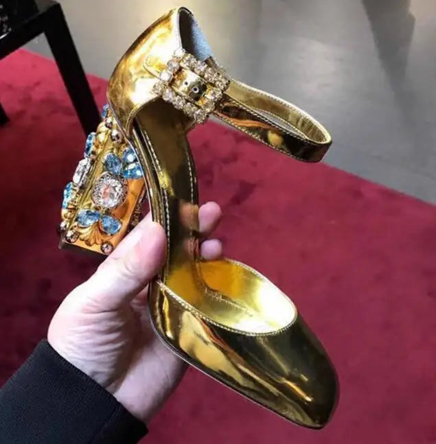 Gold Mirror Patent Leather Sandals Rhinestone Buckle Glitter Round Toe Chunky Heels — Gold | KIMLUD