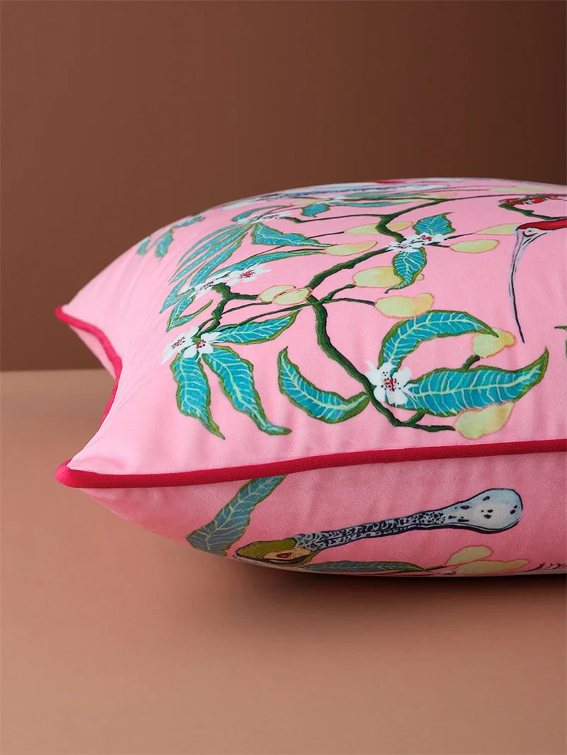 Pink Chinoiserie Pillow Covers 16x16 Inch Traditional Style Bird Dog Floral Vase Decorative Throw Pillow Case Velvet Double Side