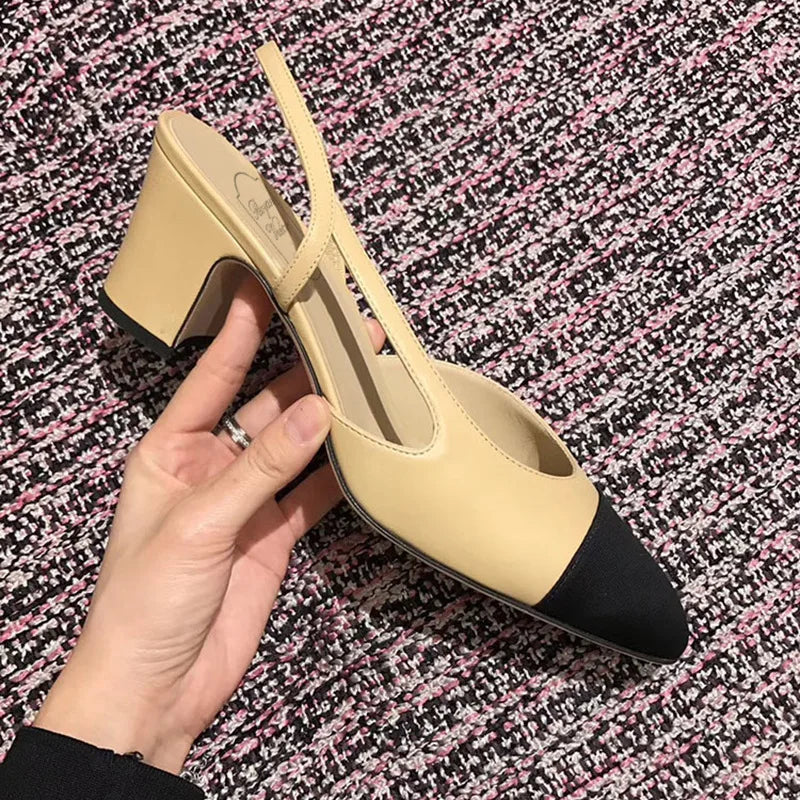 2025 women's mid-heeled shoes square toe color matching thick heel high heels