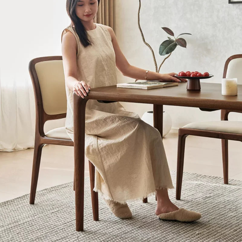 Solid Wood Dining Chair Minimalist Modern Lounge With Dark Walnut Finish And Leather Upholstery — Ivory | KIMLUD