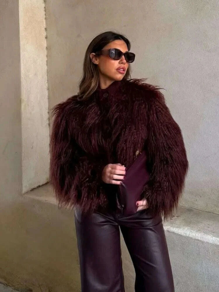 KIMLUD, HH Women's New Faux Fur Effect Knitted Crew Neck Jacket Female Winter Elegant Temperament Single-Breasted Long Sleeve Coat, KIMLUD Womens Clothes